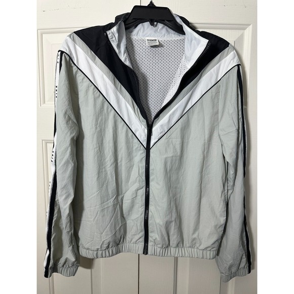 PINK Victoria's Secret Black Logo Zip Windbreaker Jacket Black White Gray XS - Picture 1 of 16